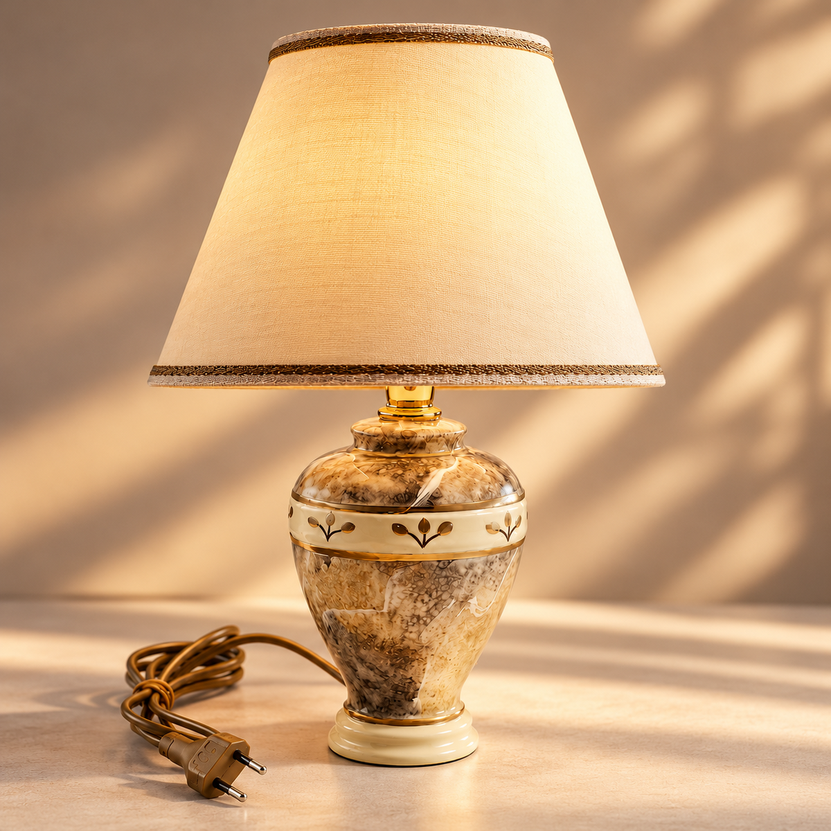 Tischlampe Keramik Marmoroptik Beige Gold Stoffschirm 30 cm Landhaus F3
