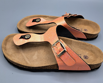 LASCANA Damen Zehentrenner Gr. 38 Roségold Glitzer Korkfußbett Sandale G2