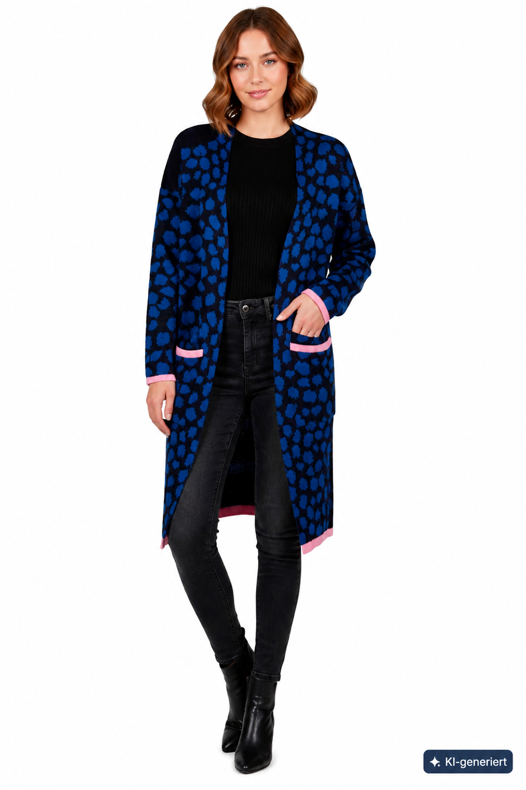 Lyla Damen Longcardigan Gr. 40 Blau Schwarz Gemustert Offene Front Taschen G3