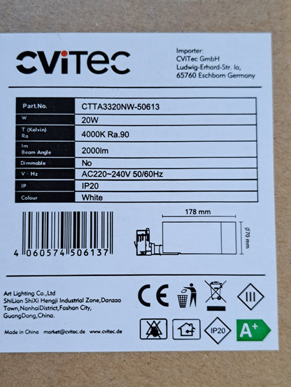 LED-Strahler 12 W für 3-Phasen-Stromschienensysteme CVITEC CTTA3320NW