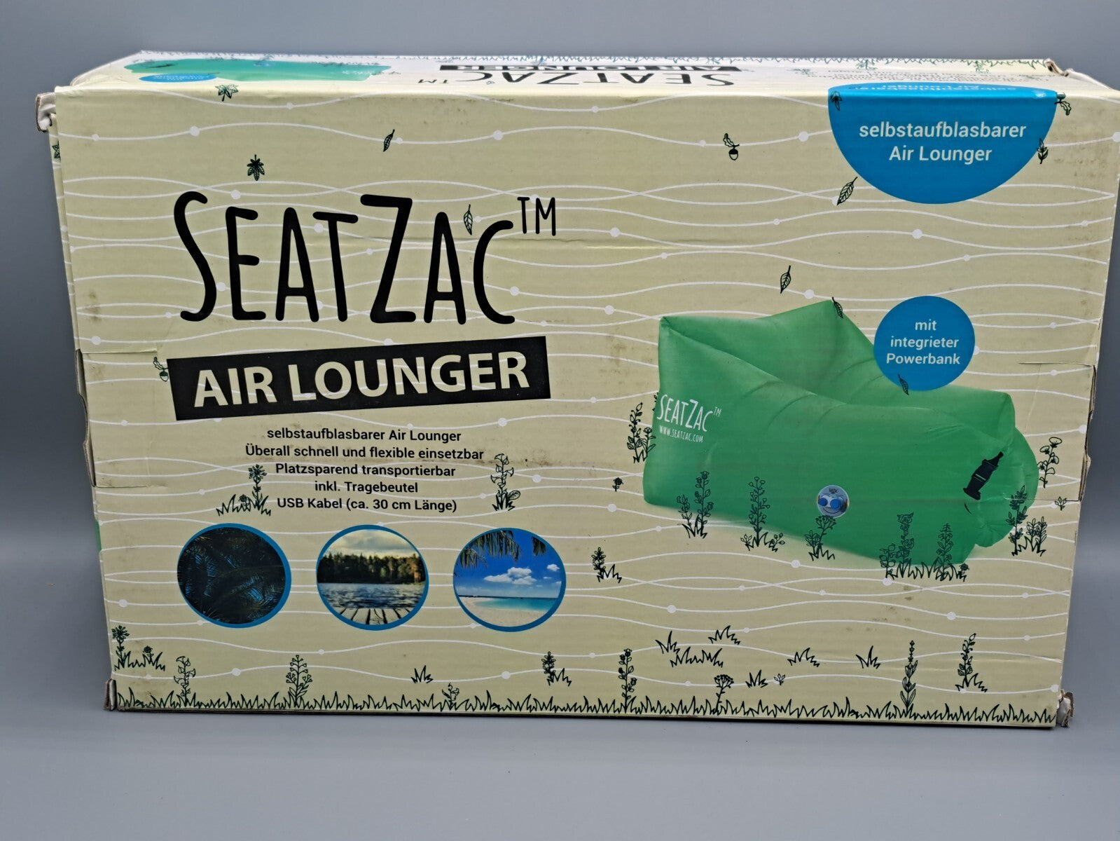SeatZac Air Lounger Luftsofa Sitzsack selbstaufblasbar + Powerbank Blau