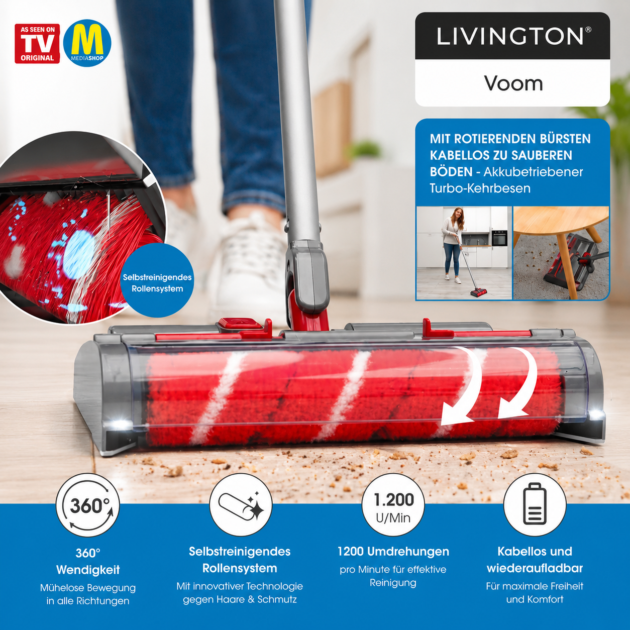 Livington Voom Turbo Akku Besen Kabellos Elektrobesen Akkukehrer Hartboden C6