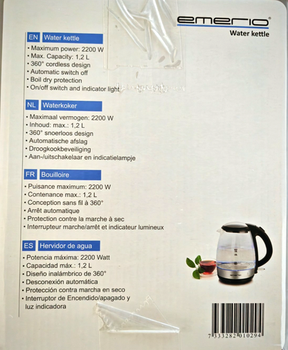 Emerio WK-125145 Glas Wasserkocher 1,2L 2200W LED Borosilikatglas BPA-frei HOA5