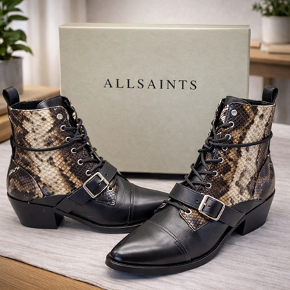 AllSaints Katy Lace Up Boots Damen Leder Snake Schwarz Stiefeletten Gr. 38 G1