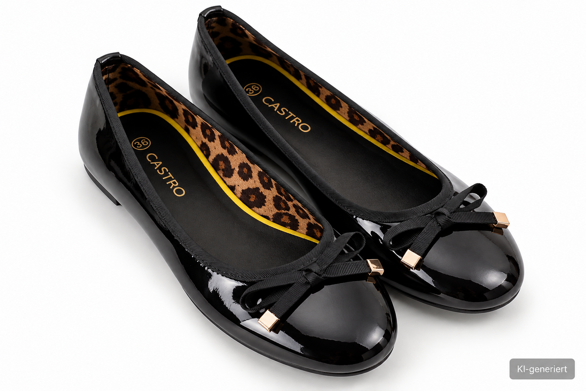 CASTRO Damen Ballerinas Gr. 36 Schwarz Lackoptik Schleife Slipper Schuhe  G2