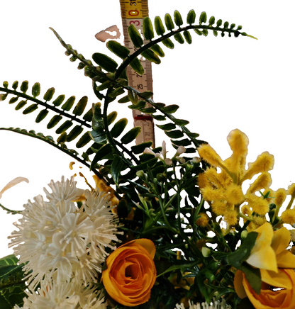 Künstliches Blumengesteck Allium Mimose Rosen Gelb Weiß Deko Vase 30 cm