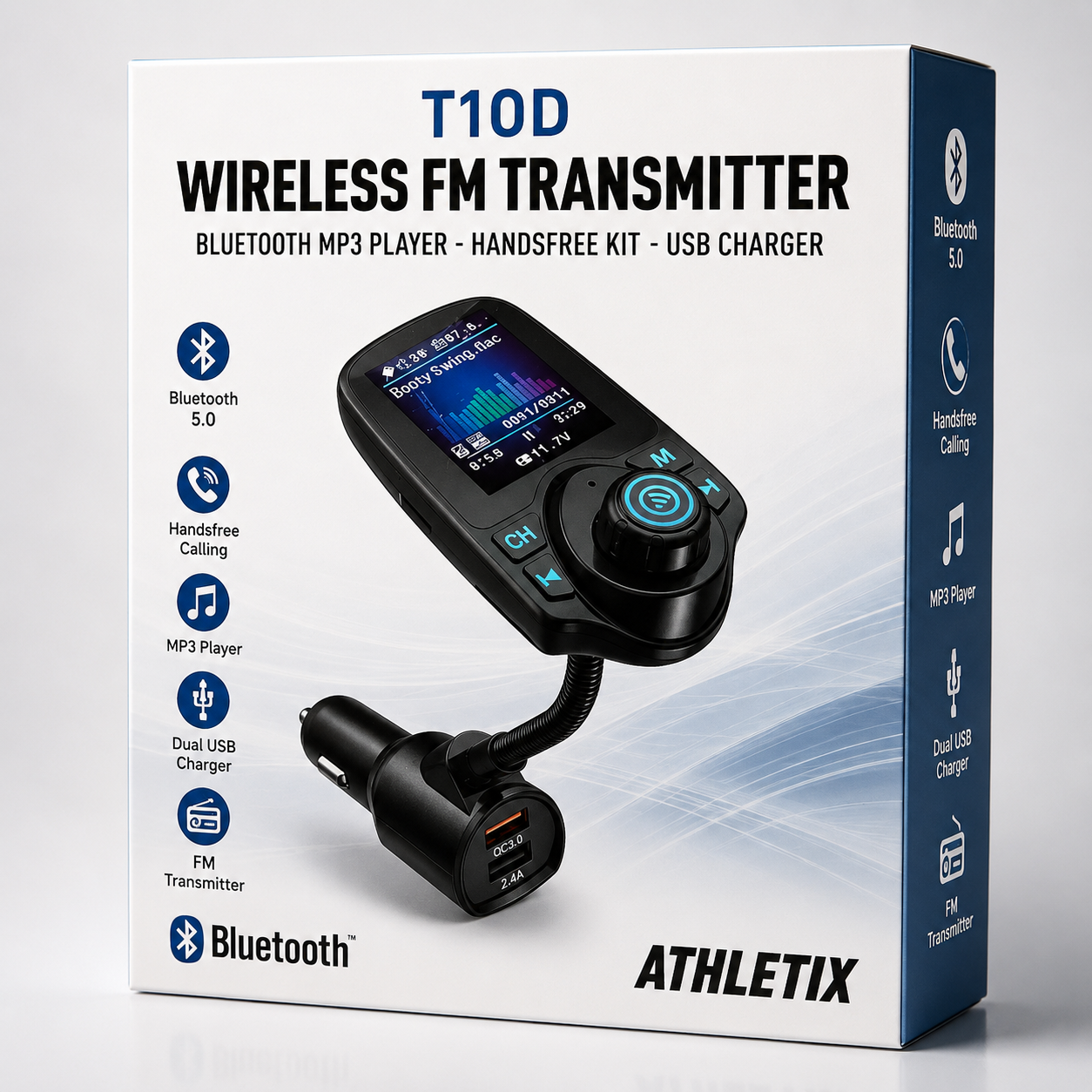 Athletix T10D Wireless FM Transmitter Bluetooth Auto USB Ladegerät Freisprech A8