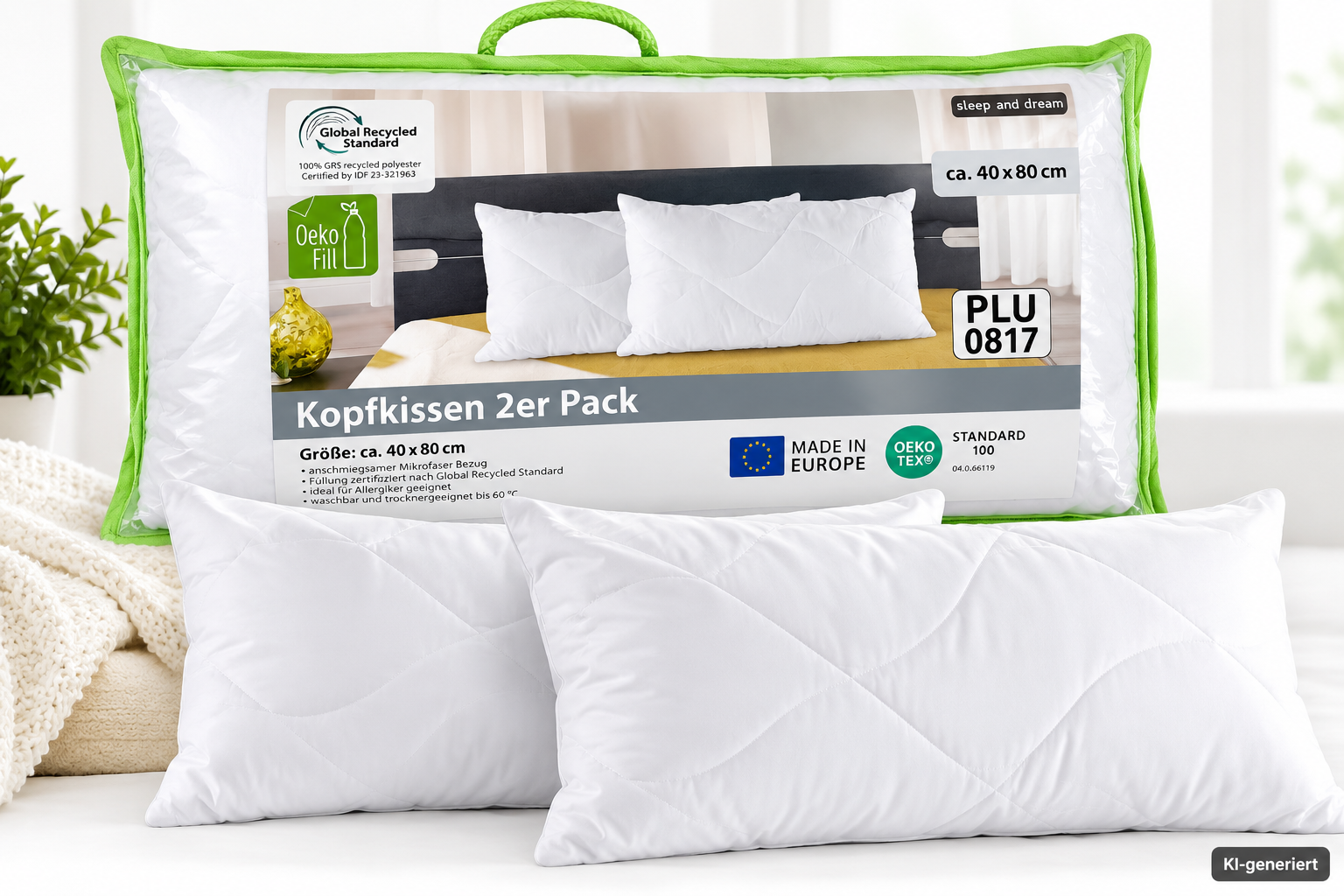 Sleep and Dream Kopfkissen 40x80 cm 2er Set Oeko-Fill Waschbar Weiß HA25