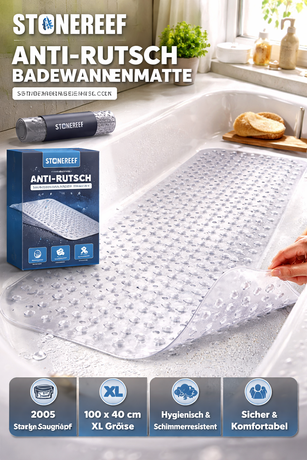Antirutschmatte Badewanne 101x40 cm – rutschfest transparent mit Saugnäpfen g
