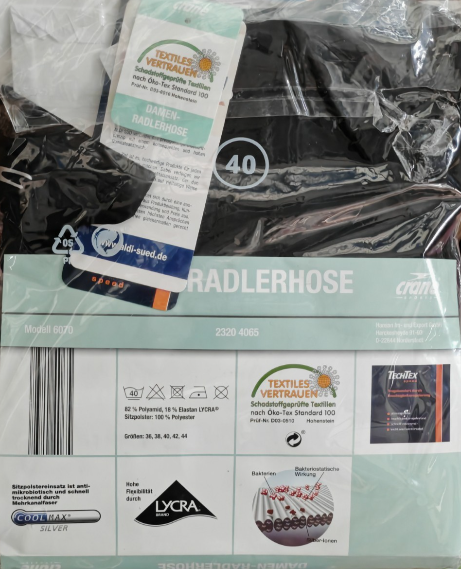 CRANE Damen Radlerhose Gr. 40 Schwarz Fahrradhose Sitzpolster Coolmax Neu G