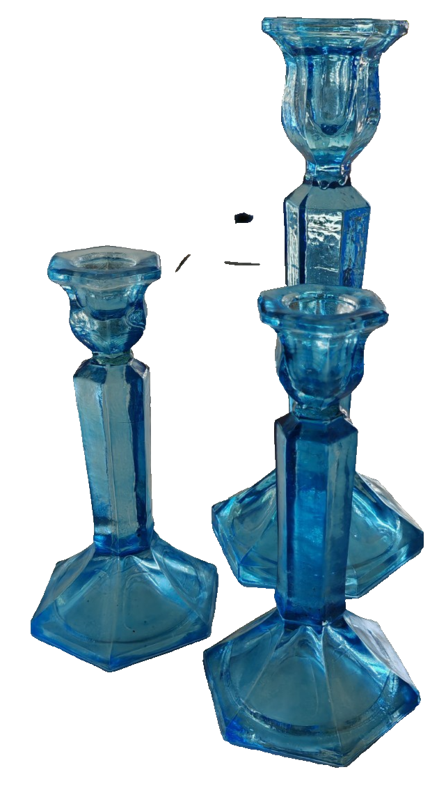 3x Vintage Kerzenleuchter Blau Glas Pressglas Kerzenständer 16/25 cm Retro B4