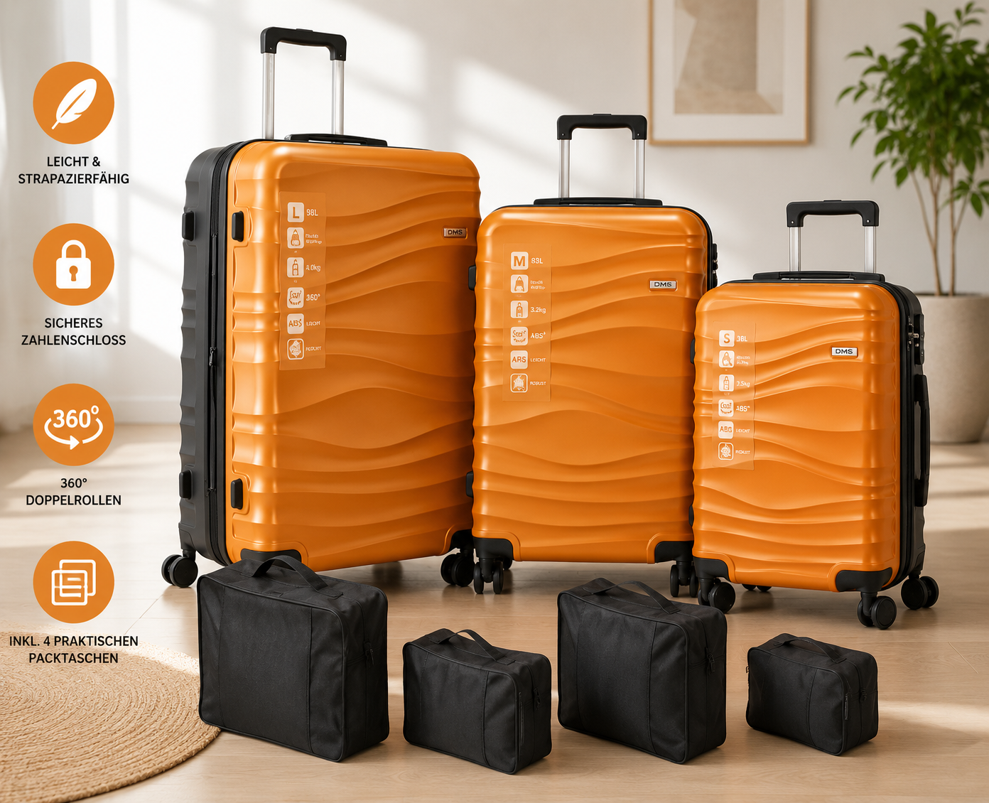 DMS 7tlg Kofferset ABS Hartschale Trolley Reisekoffer Orange 360° Rollen
