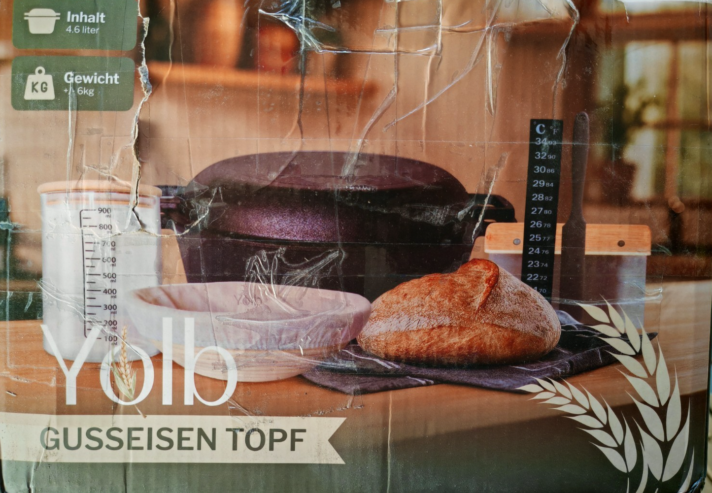 Sauerteig Brotbacktopf Gusseisen Dutch Oven XL Brotbackset mit Gärkorb Set C-05