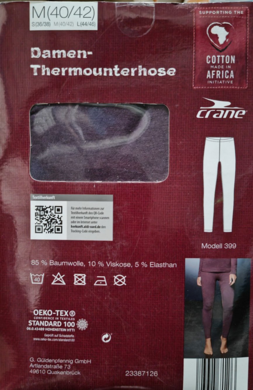 crane Damen Thermounterhose Gr. 40/42 Bordeaux Leggings Baumwolle Lang G3