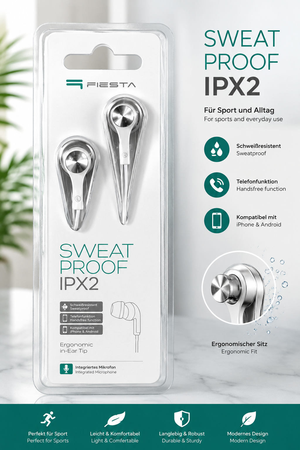 Fiesta Sweat Proof IPX2 Mikrofon Headset Sport Kopfhörer