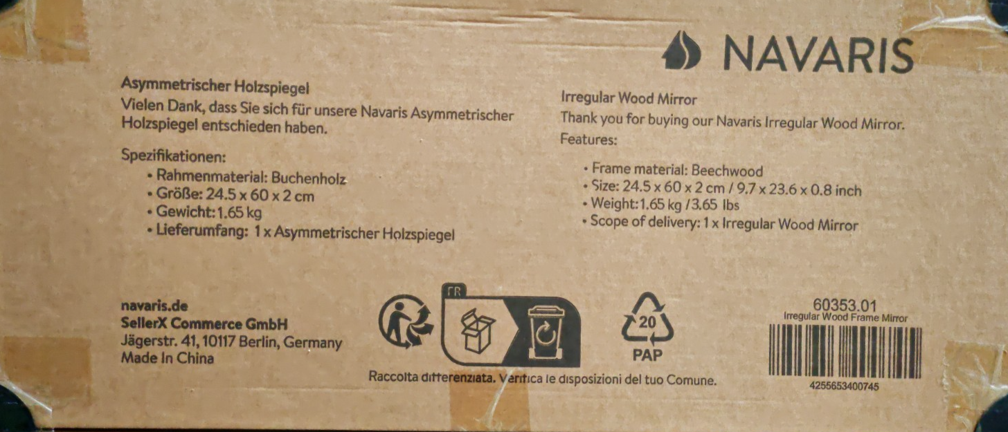 Asymmetrischer Wandspiegel Holzrahmen 60x24,5cm Deko Spiegel Bad Flur Modern HA9