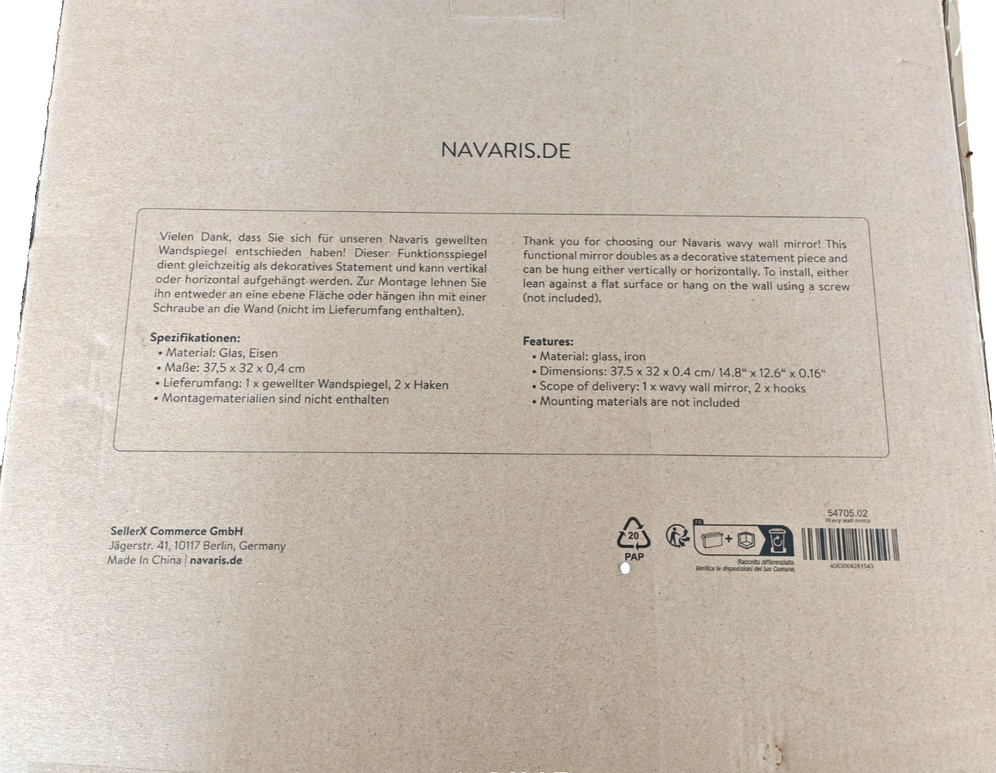 Navaris Badezimmerspiegel – 37x32 cm ohne Rahmen Wellen Design