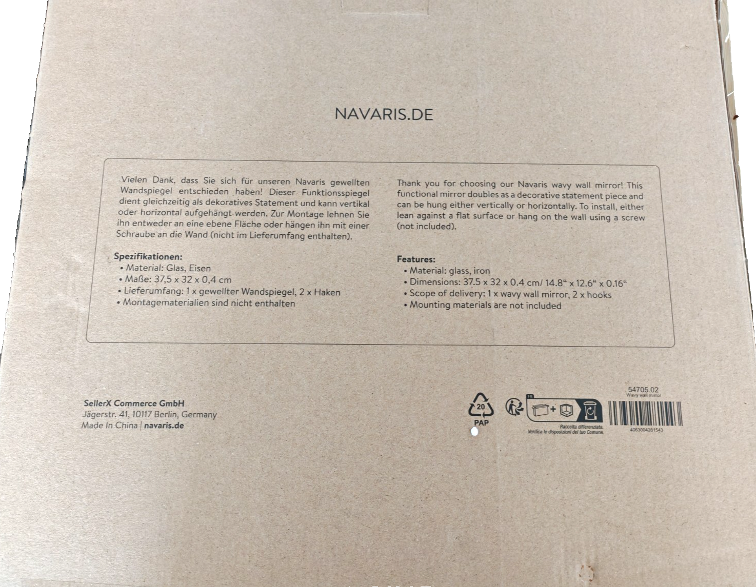 Navaris Badezimmerspiegel – 37x32 cm ohne Rahmen Wellen Design