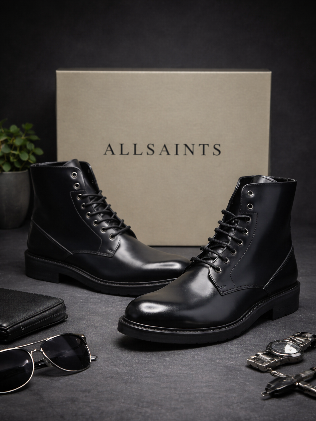 AllSaints Britt Stiefel Herren – Leder Schwarz Schnürboots Gr. 41