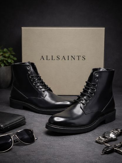 AllSaints Britt Stiefel Herren – Leder Schwarz Schnürboots Gr. 41