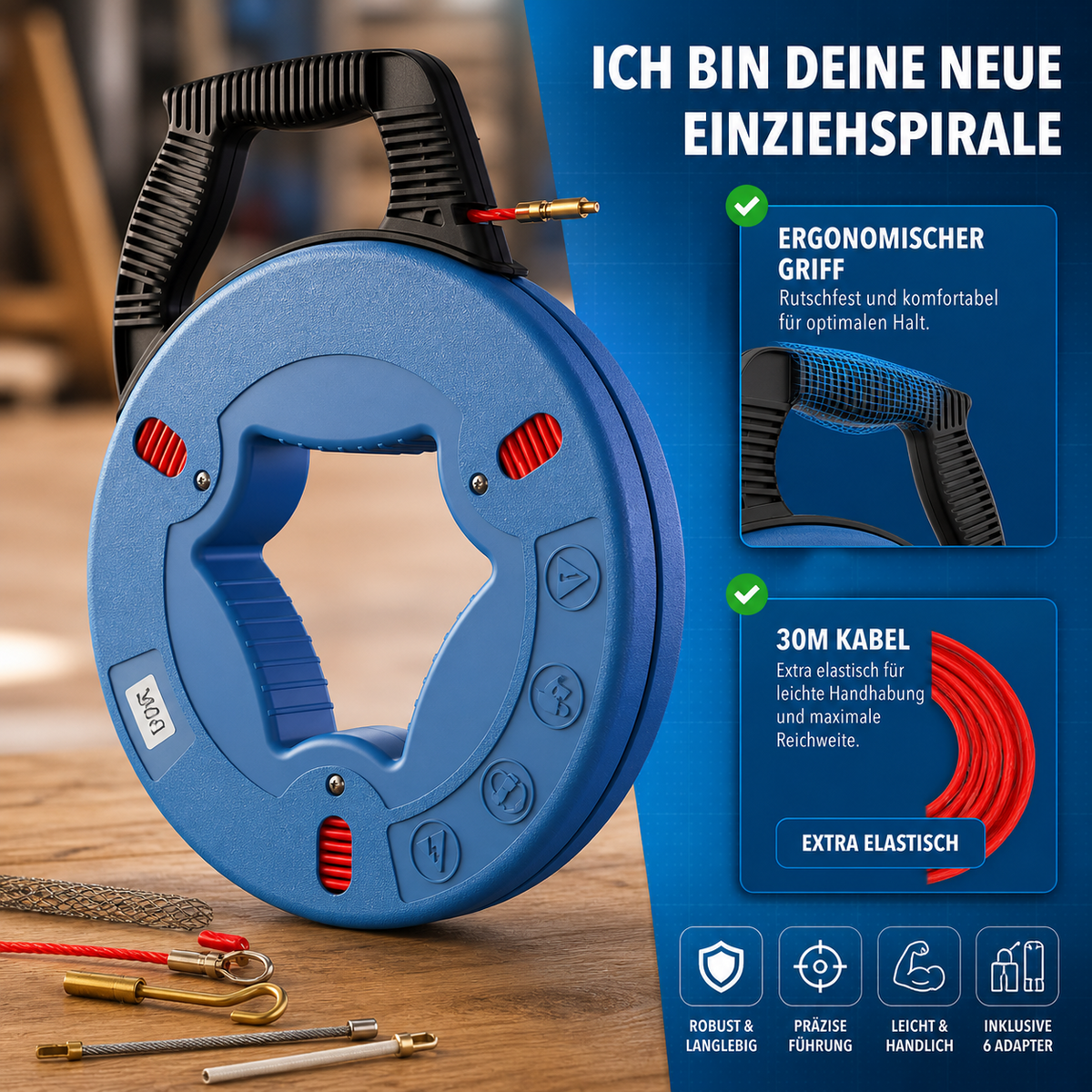 Einziehspirale 30m Kabeleinziehhilfe Kabelzieher Leerrohr Zugdraht B8 o.Adapter