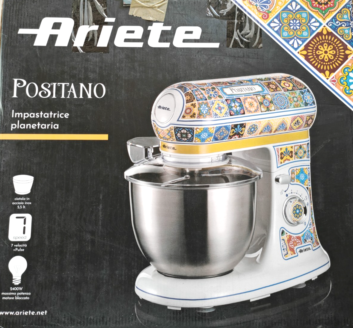 Ariete 1588 Positano Küchenmaschine 5,5L 2400W Edelstahl Rührmaschine Kneten C3
