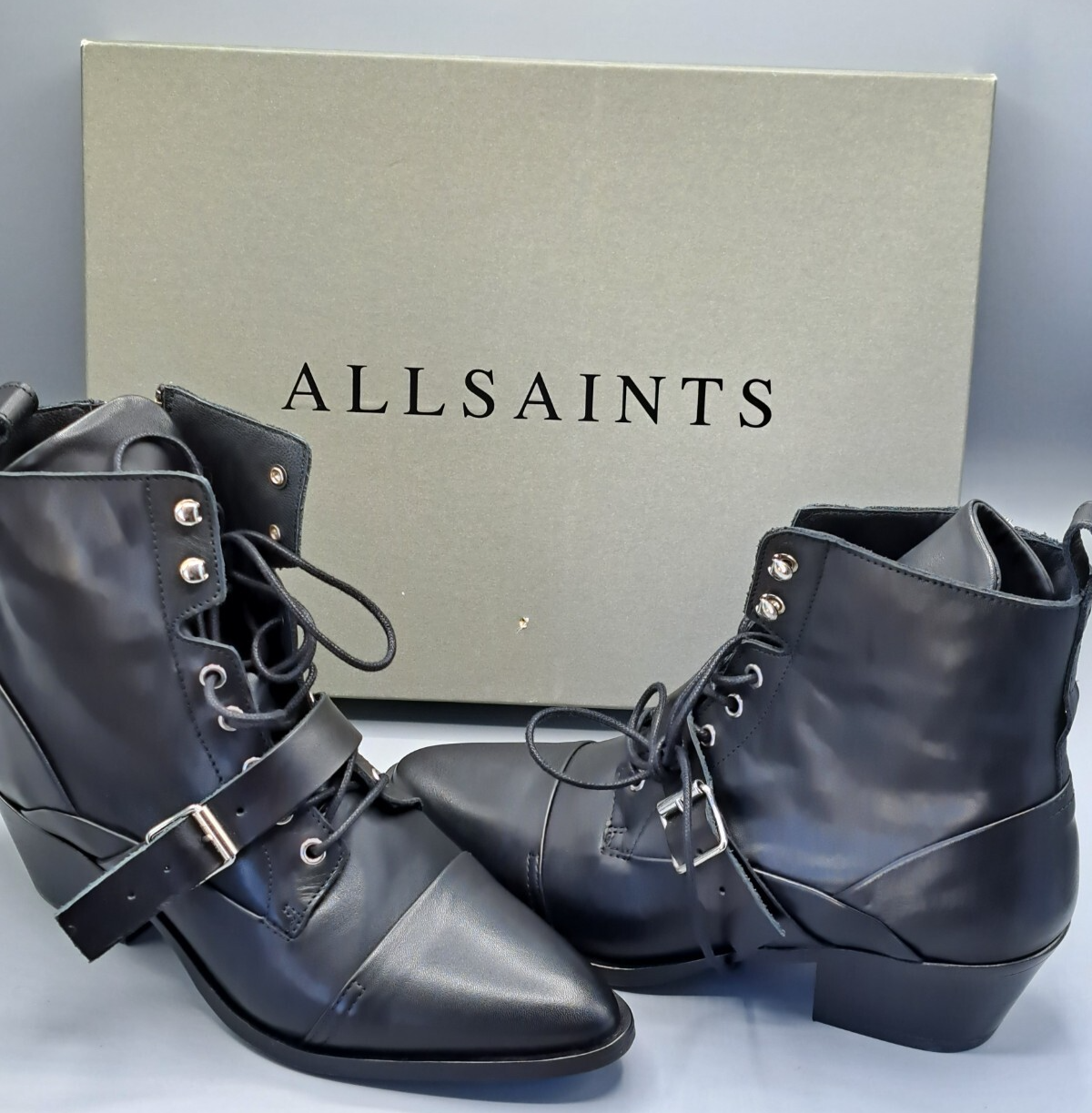 AllSaints Katy Damen Stiefeletten Leder Schwarz Boots Schnürstiefel Gr. 39 G1
