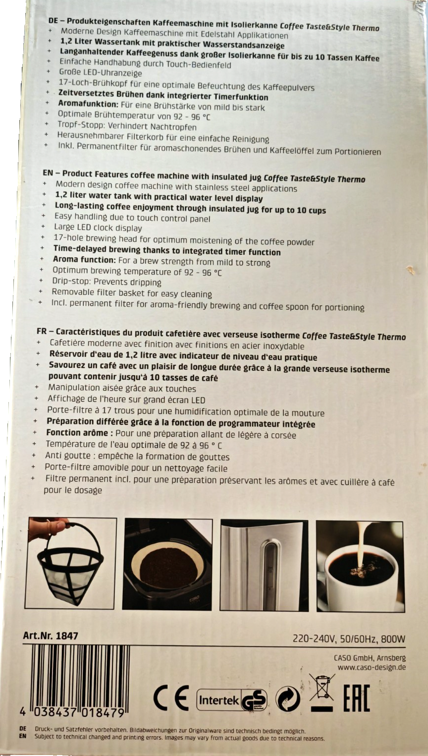 Caso 1847 Coffee Taste & Style Thermo Kaffeemaschine 1,2L Timer LED B03
