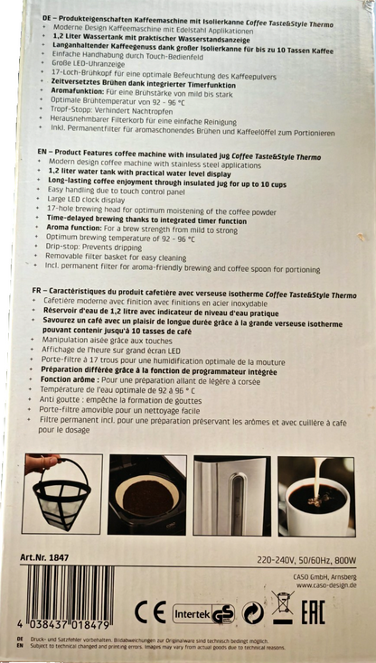 Caso 1847 Coffee Taste & Style Thermo Kaffeemaschine 1,2L Timer LED B03
