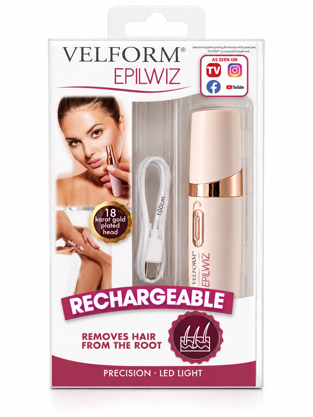Velform Epilwiz Epilierer USB LED Haarentferner 18K Vergoldet Wiederaufladbar C1