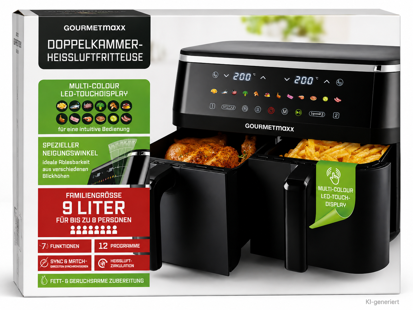 GOURMETmaxx Doppelkammer Heißluftfritteuse 9L Airfryer 3100W 12 Programme HA22