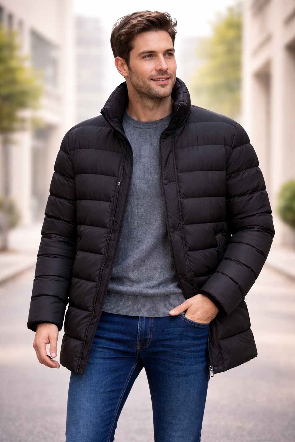 Strandfein Menswear Herren Steppjacke Schwarz Stehkragen Jacke
