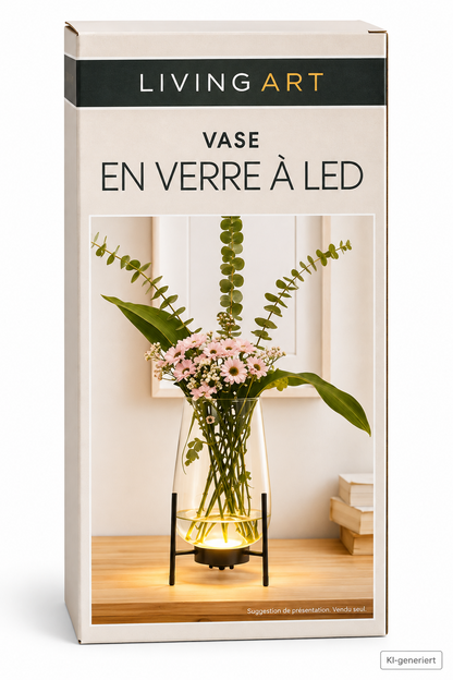LIVING ART LED Glasvase 29cm Schwarz Metallständer Timer Deko Blumenvase HA33