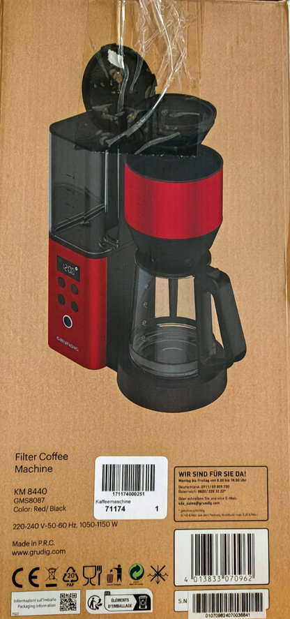 GRUNDIG KM8440 Filter Kaffeemaschine 1,25L 12 Tassen Timer Rot 1000W B05