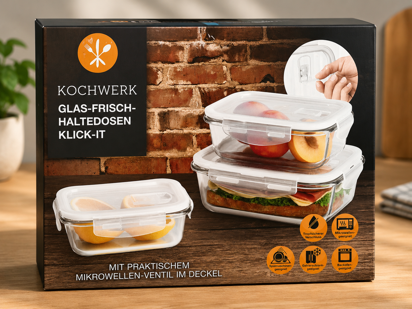 Kochwerk Glas Frischhaltedosen 3er Set Meal Prep Brotdose Vorratsdose Deckel B3