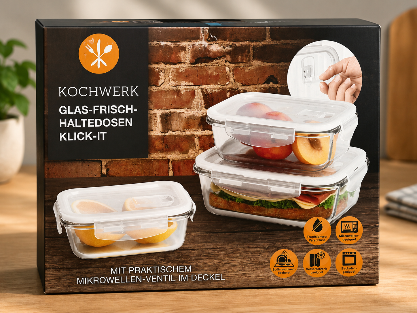Kochwerk Glas Frischhaltedosen 3er Set Meal Prep Brotdose Vorratsdose Deckel B3