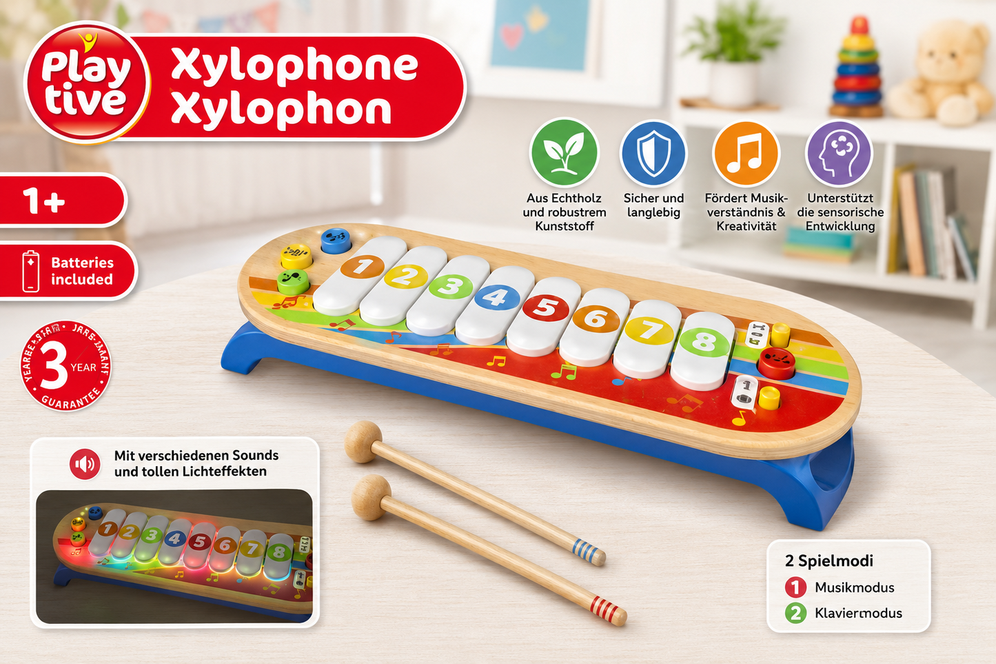 Playtive Xylophon Echtholz Kunststoff Kinder Musikinstrument Spielzeug