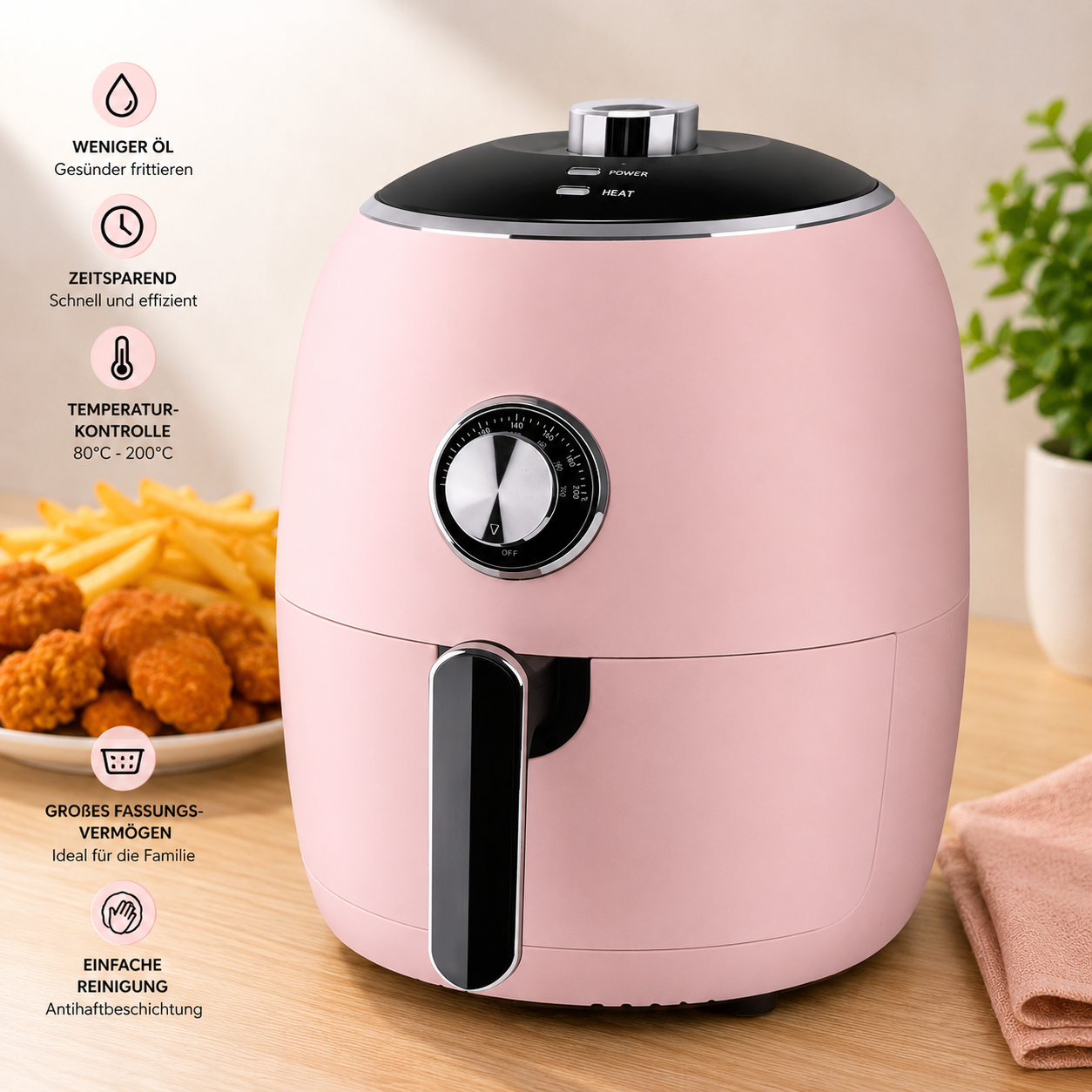 DMS Retro Heißluftfritteuse 3,5L 1400W Rosa Airfryer Fettarm HFR-35R C-06