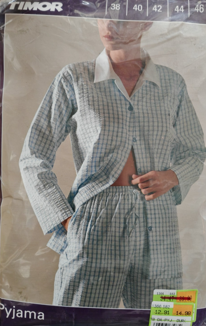 TIMOR Damen Pyjama Gr. 46 Blau Weiß Karo 100% Baumwolle Schlafanzug Lang G3