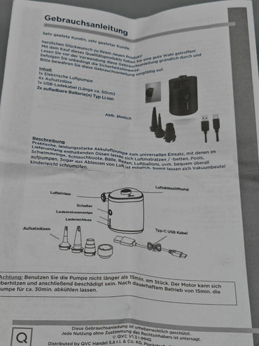 Elektrische Luftpumpe 4.000mAh 3,7V Wiederaufladbar Aufblasen & Ablassen inkl. Z