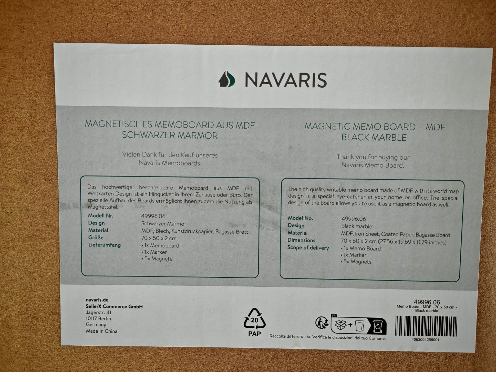 Navaris Magnettafel 70x50cm Memoboard Marmor Schwarz Büro Wandtafel Planer
