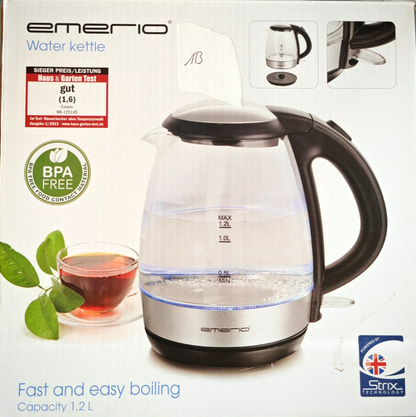 Emerio WK-125145 Glas Wasserkocher 1,2L 2200W LED Borosilikatglas BPA-frei HOA5