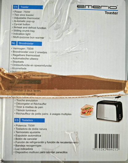Emerio TO-123924 Toaster 2 Scheiben Edelstahl Auftaufunktion 750W Küche C3G