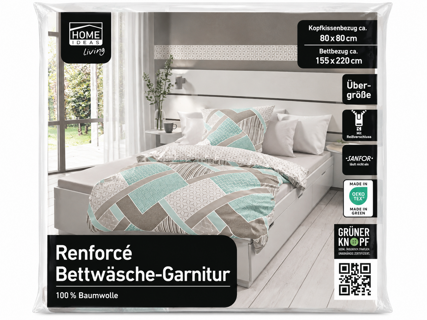 HOME IDEAS Renforcé Bettwäsche 155x220 80x80 cm Baumwolle Mint Beige Groß E5