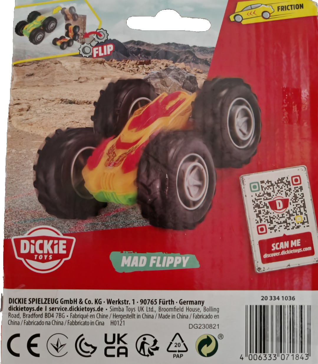 Dickie Toys Mad Flippy Stuntauto 10cm Friktion Flip Auto Gelb Rot 203341036 D5