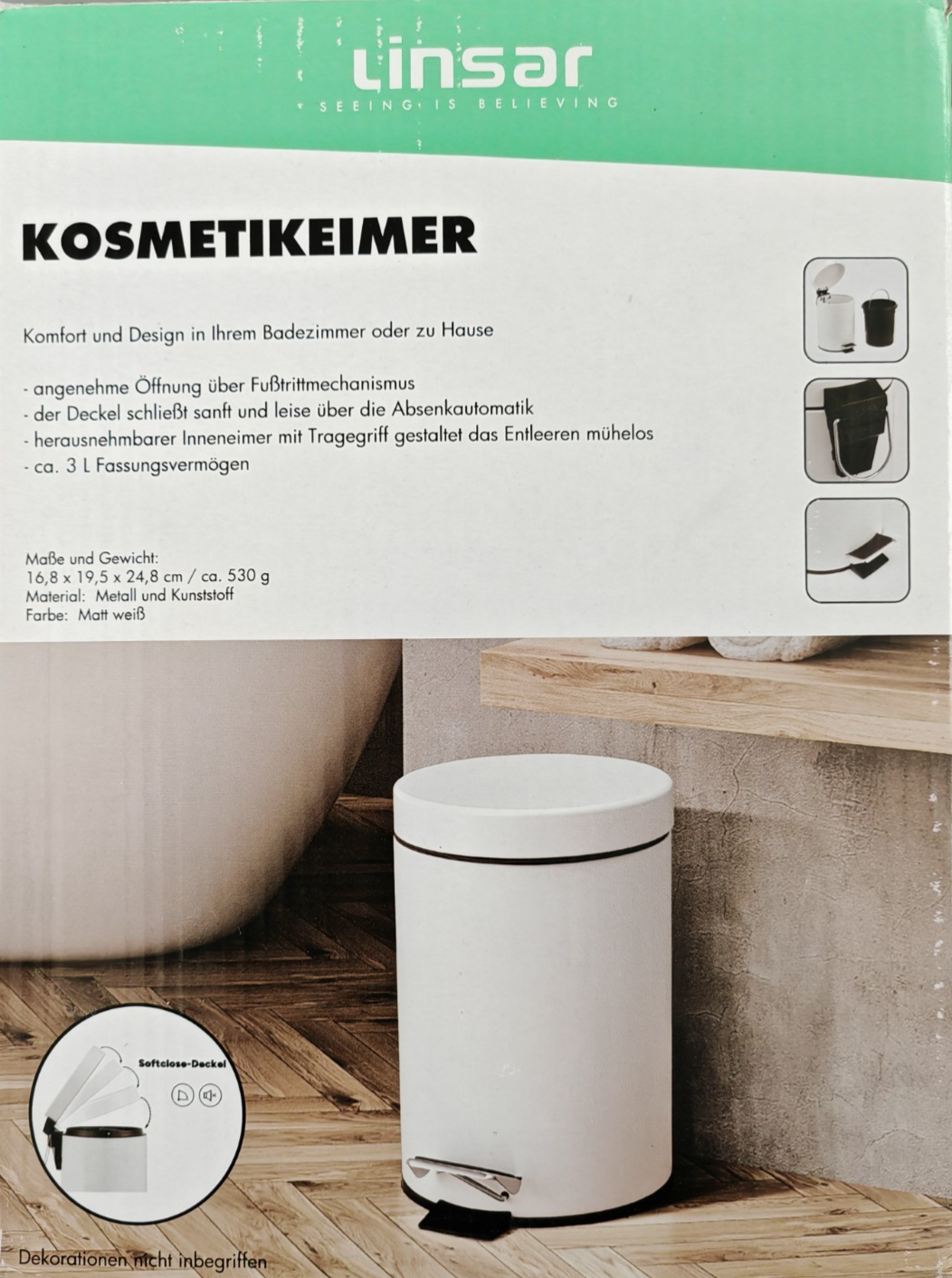 Linsar Kosmetikeimer 3L Weiß Tretmülleimer Soft Close Absenkautomatik Bad WC HA6