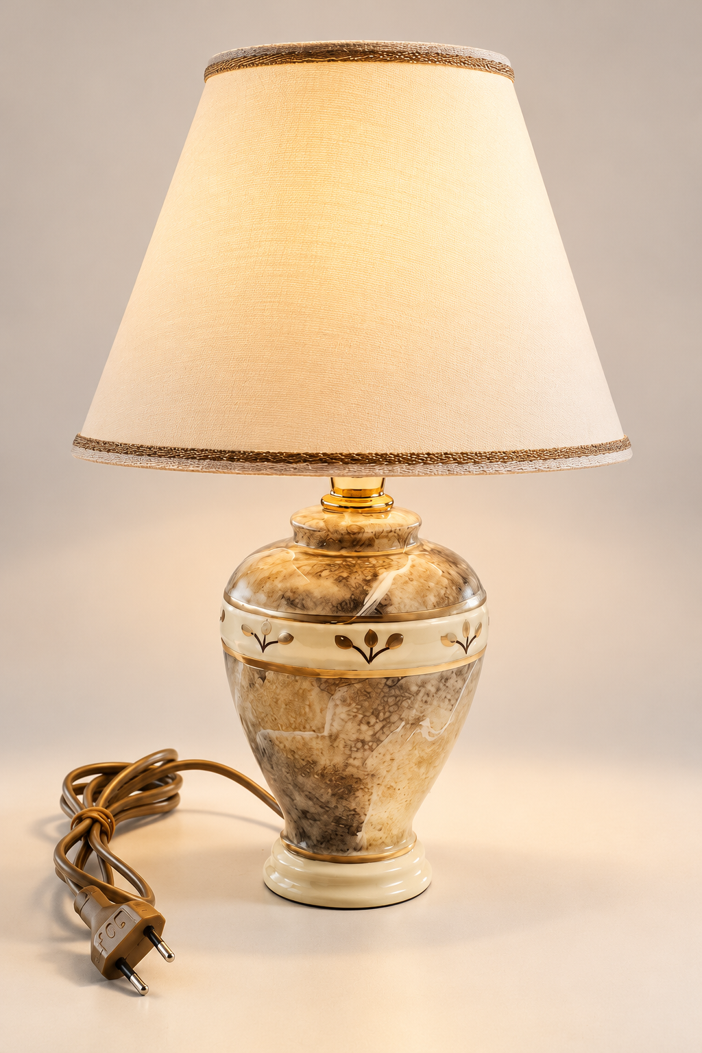 Tischlampe Keramik Marmoroptik Beige Gold Stoffschirm 30 cm Landhaus F3