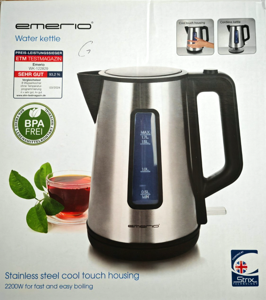 Emerio Wasserkocher 1,7L 2200W Cool Touch Edelstahl Schwarz BPA-frei HO-A5