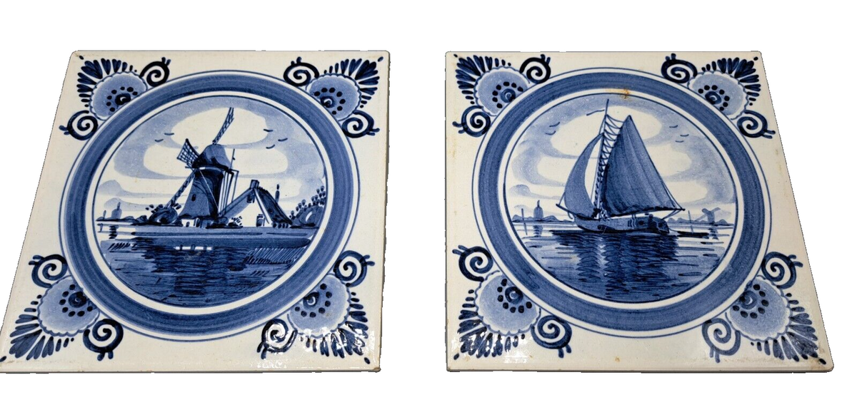 Delfts Holland 2 Fliesen 15 cm Blau Weiß Windmühle Segelboot Untersetzer
