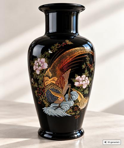Decor Exclusiv Selection Qualite Vase Italien Schwarz Vogel Fasan Gold 25cm B4
